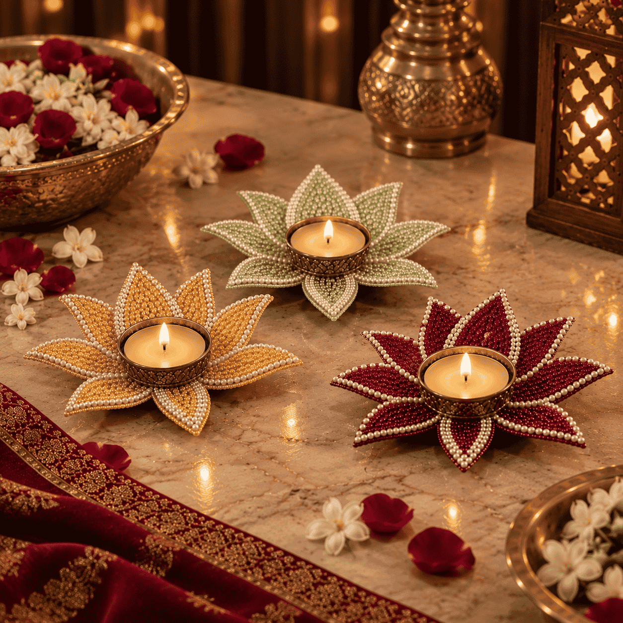 Premium Handcrafted Lotus Tealight Holder Set – 3 Pieces