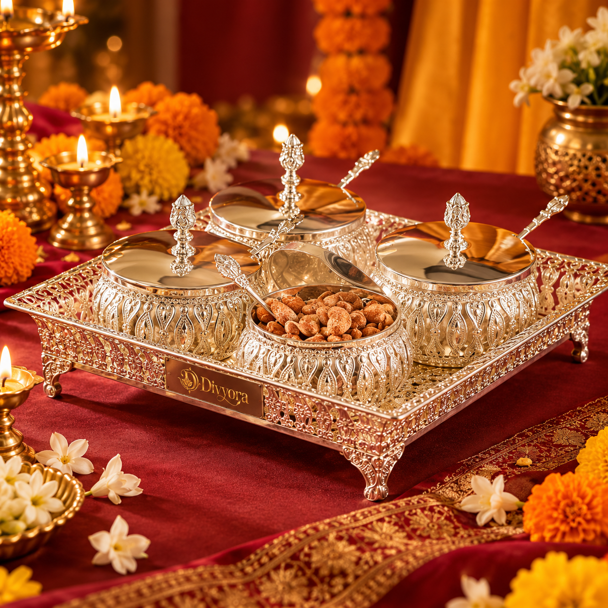Divyora Royal Gold Filigree Dry Fruit & Mithai Gift Box