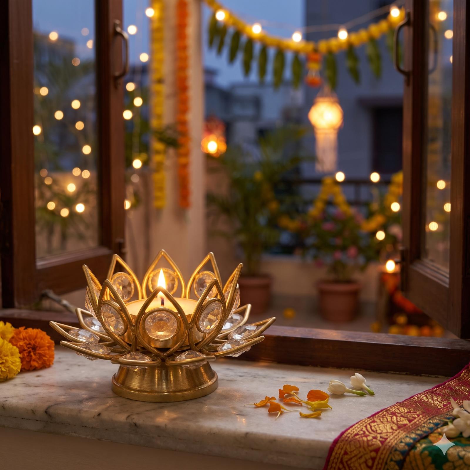 Premium Gold Lotus Tealight Holder with Crystal Accents