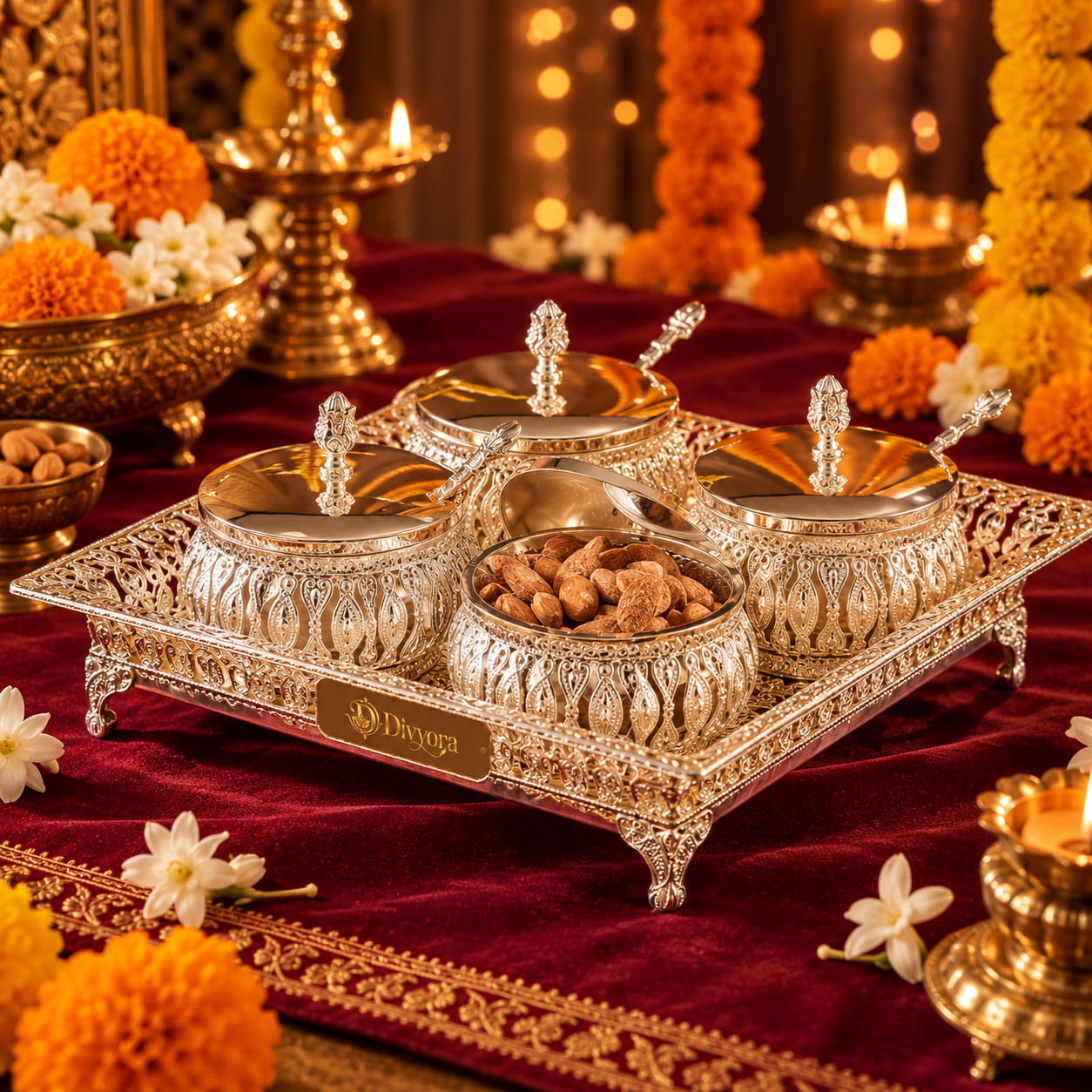 Divyora Royal Gold Filigree Dry Fruit & Mithai Gift Box