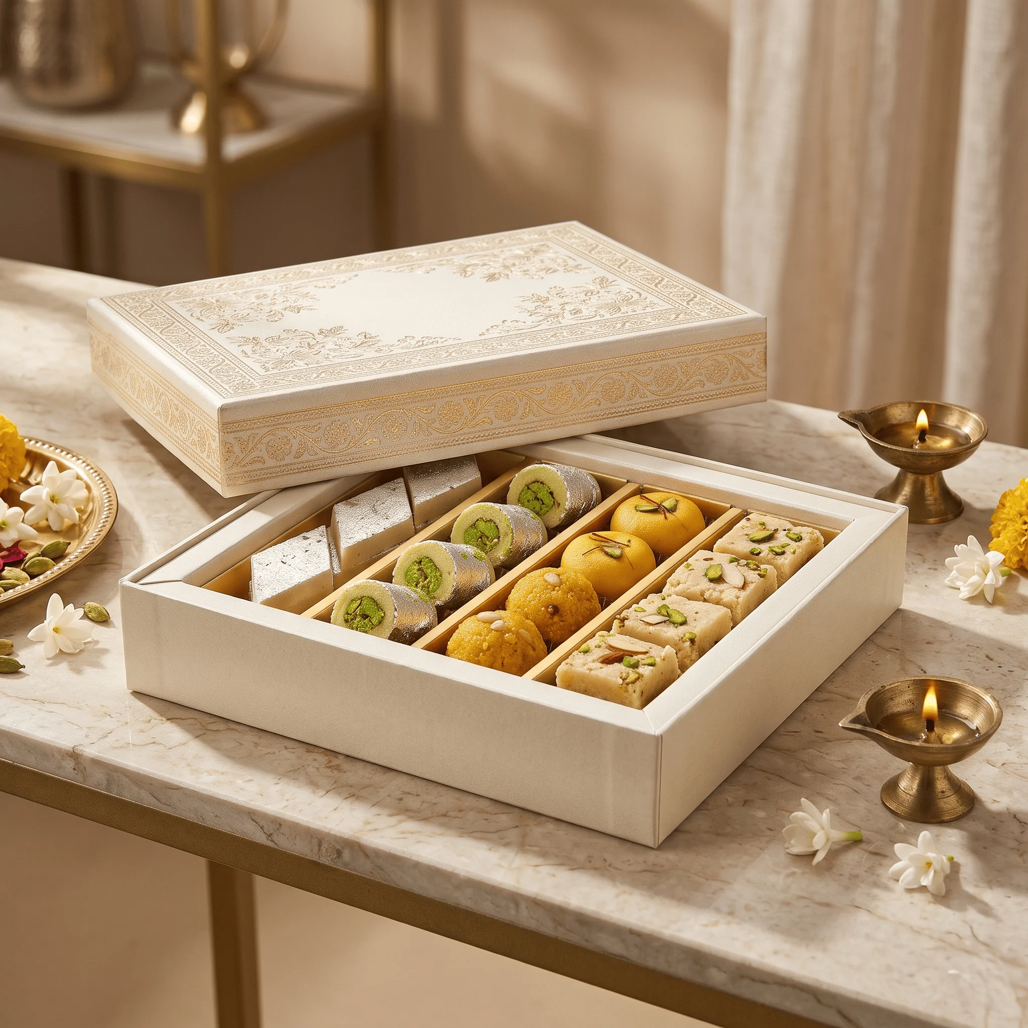 Pearl Ivory & Champagne Gold Mithai Gift Box