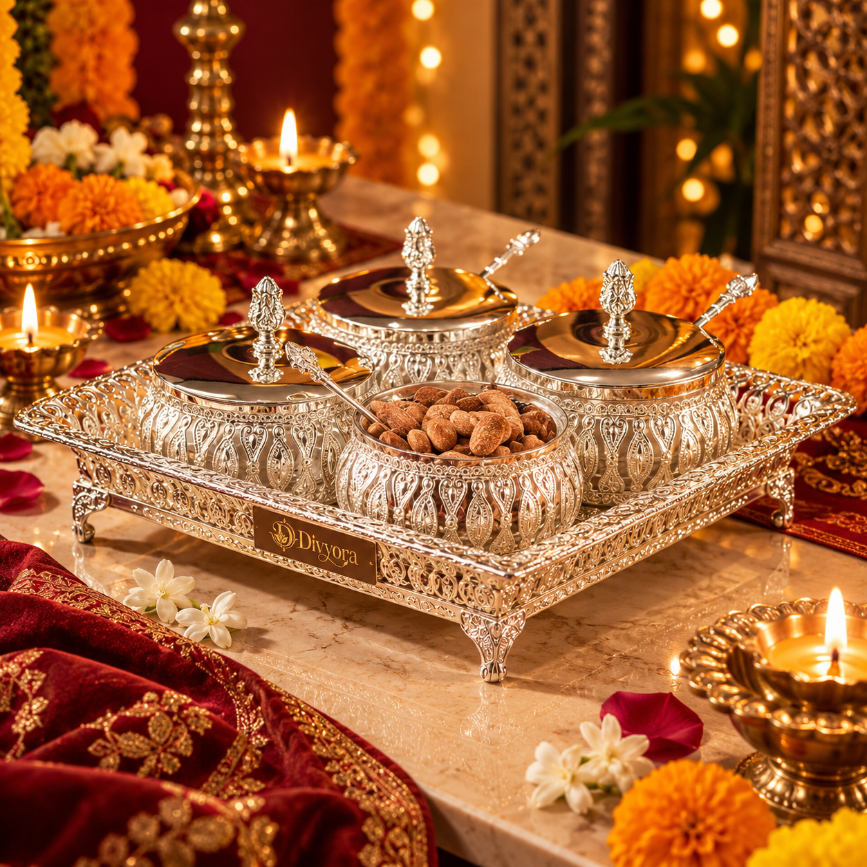 Divyora Royal Gold Filigree Dry Fruit & Mithai Gift Box